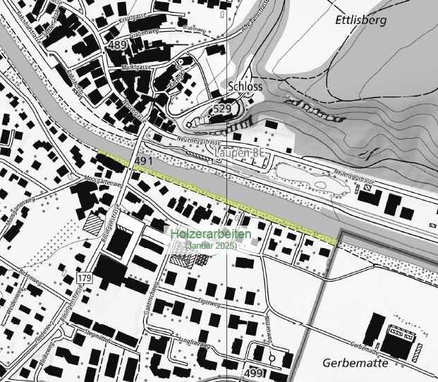 Grafik für Beitrag Holzerarbeiten 6.1.-10.1.2024 linksufrig auf dem Dammweg vor und nach der alten Sensebrücke